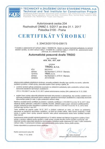 Certifikát automatické dveře