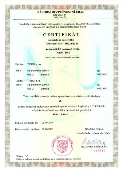 Certifikát NBÚ pro automatické dveře RC2