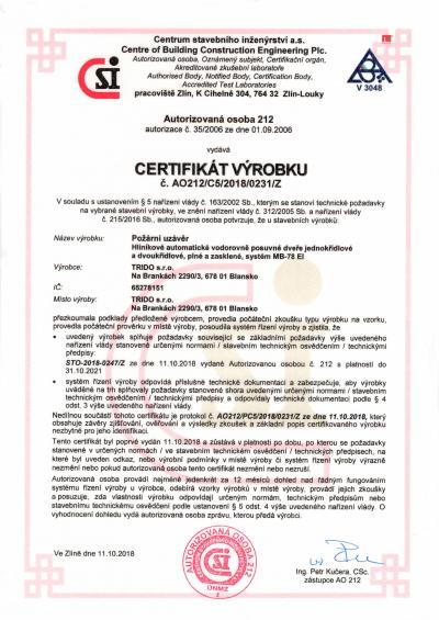 Certifikát výrobku Požární uzávěr