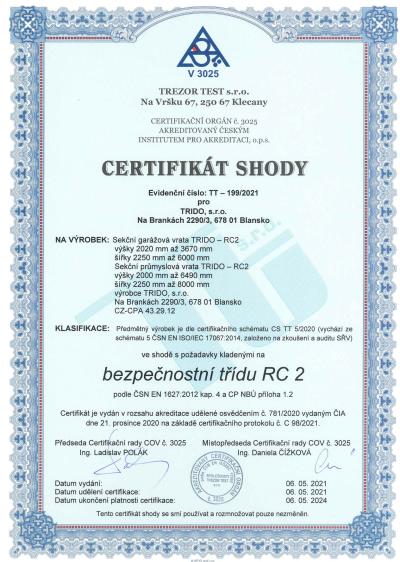 Certifikát RC 2 na garážová vrata