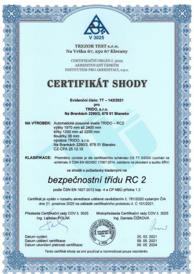 Certifikát RC 2 na automatické dveře