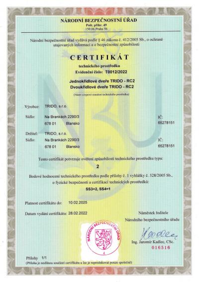 Certifikát NBÚ křídlové dveře