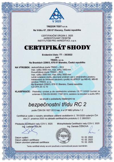 Certifikát RC 2 na křídlové dveře a vrata