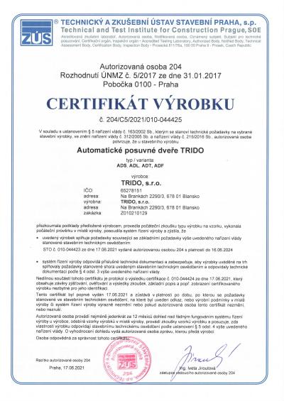 Certifikát automatické posuvné dveře