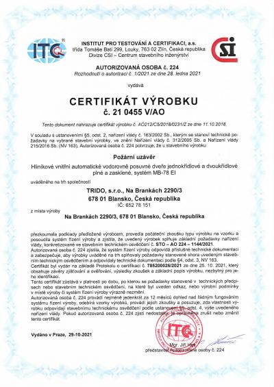 Certifikát výrobku Požární uzávěr