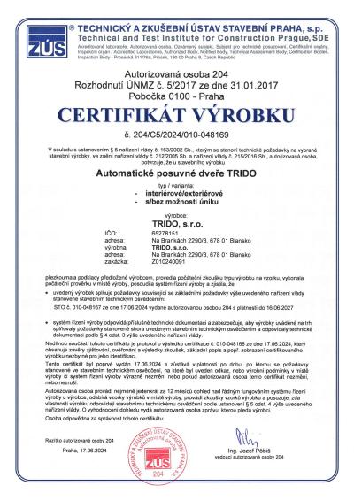 Certifikát výrobku Automatické posuvné dveře Trido