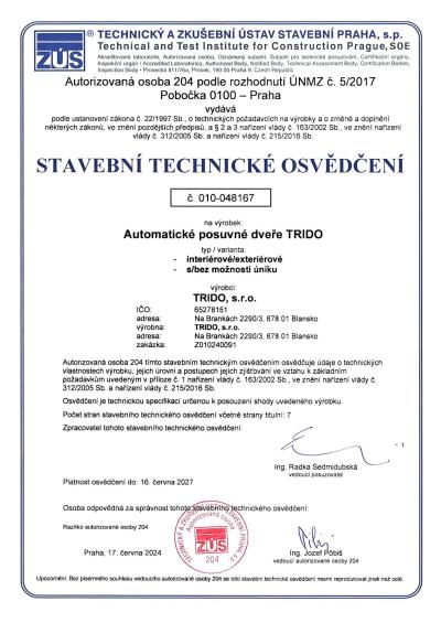 Stavební technické osvědčení Automatické posuvné dveře Trido